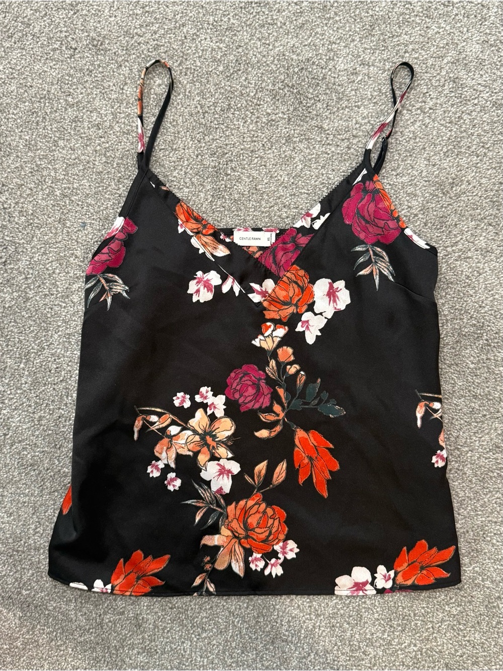 Black Floral Satin V-Neck Cami with Red, Pink & Cream Blooms